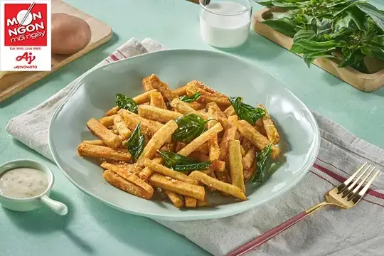 khoai chi&ecirc;n lắc mayo m&egrave; l&aacute; quế